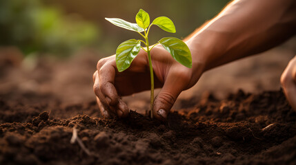 Capture a close-up of a person's hands gently placing a young seedling into rich soil. Showcase the care and precision involved in the act of planting. Ideal for gardening and environmental themes.