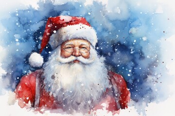 Blue Watercolored Christmas Card of Santa, Merry Christmas Gift Card, Xmas