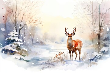 Naklejka na ściany i meble Cute Reindeer Illustration for Christmas Card Winter Wonderland Deer in Forest