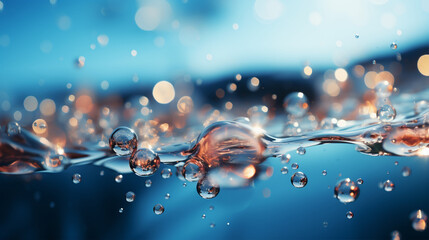 Bubbles underwater with bokeh effect. Background in blue. AI generative - obrazy, fototapety, plakaty