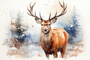 Cute Reindeer Illustration for Christmas Card Winter Wonderland Deer in Nature