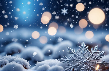 Bokeh with white snow and snowflakes on a blue background