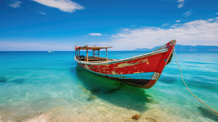 Fototapeta premium Wooden boat on white sand beach and blue sky in the background