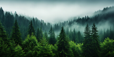 Misty mountain landscape with fir forest in vintage retro style. Generative AI
