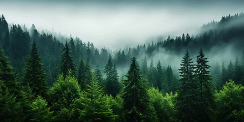 Fotobehang Mistige ochtendstond Misty mountain landscape with fir forest in vintage retro style. Generative AI