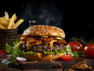 Grilled beef burger with fries cheese and tomato. High quality
