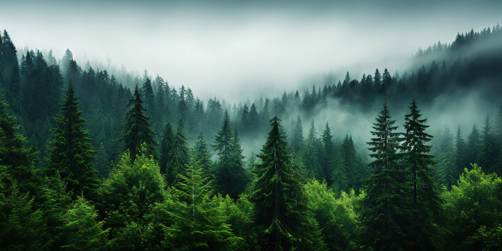 Fototapeta Misty mountain landscape with fir forest in vintage retro style. Generative AI