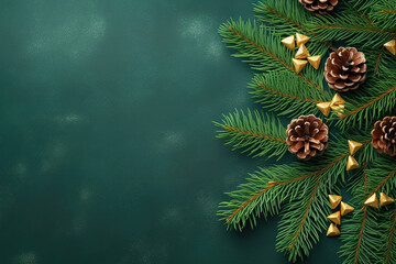 Christmas composition. Christmas fir tree branches, pine cones on green background with blank space for text