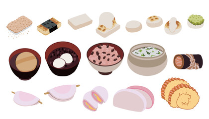 A set of Japanese New Year's food illustrations.