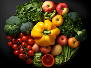 Top view fruits and vegetables bell peppers apples carrot coriander cauliflower persimmon radish cherry tomatoes. High-resolution