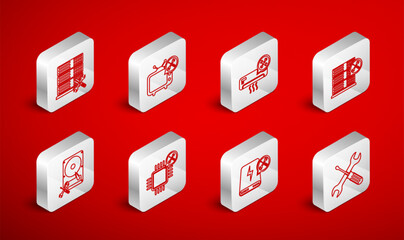 Set line Crossed screwdriver and wrench, Tv service, Air conditioner, Database server, Power bank, Processor and Hard disk icon. Vector