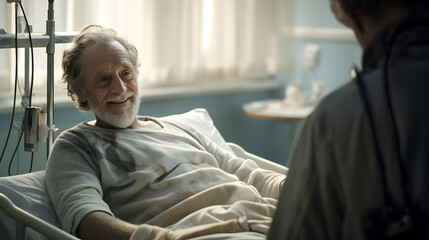 Old happy man in hospital bed, smiling face, hyperrealistic generative ai