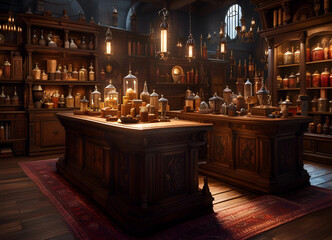 Alchemist lab. A strange room of curiosities filled with lots of bottles and glass jars. CG Artwork Background. AI generated digital illustration