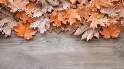 Naklejka na ściany i meble autumn leaves fallen on a wooden background soft color pastel frame