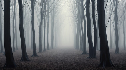 landscape mystical white fog in the autumn depressive forest, sadness loneliness mood - obrazy, fototapety, plakaty