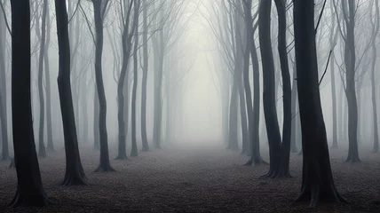Poster Im Rahmen landscape mystical white fog in the autumn depressive forest, sadness loneliness mood © kichigin19