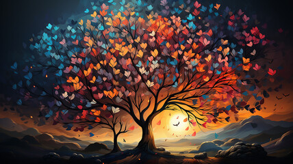 multicolored autumn tree is a symbol of nature on an unusual background computer graphics logo