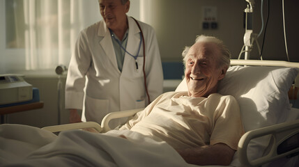 Old happy man in hospital bed, smiling face, hyperrealistic generative ai