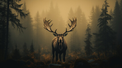 silhouette of a moose with big horns in autumn fog, wildlife landscape - obrazy, fototapety, plakaty