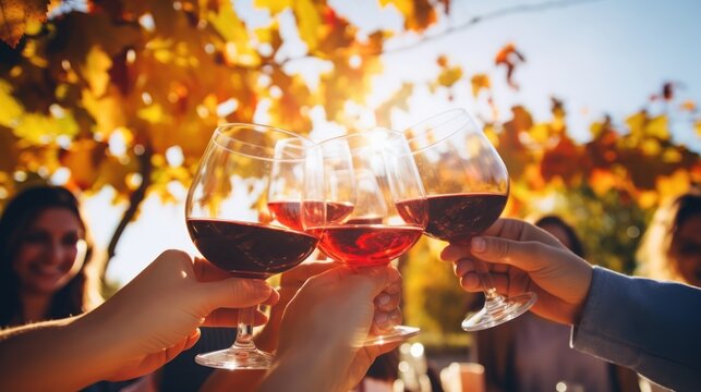 Hands of happy friends in a vineyard garden, sitting at a bar table, and raising wine glasses for a toast as they have fun outdoors.