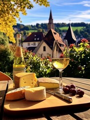 Obraz na płótnie Canvas Cheese board and white wine against the backdrop of village. AI
