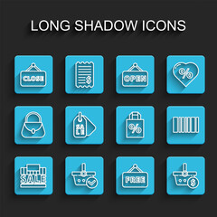 Set line Shopping building and sale, basket with check mark, Hanging sign Closed, Price tag text Free, dollar, Sale, Barcode and Shoping bag percent discount icon. Vector