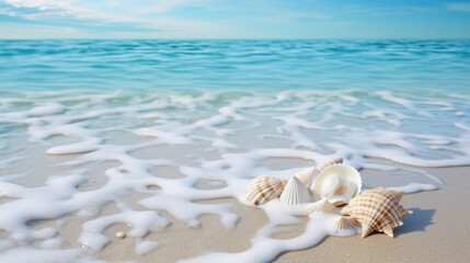 Obraz na płótnie Canvas Crystal clear ocean waves gently lap against a shoreline covered in seashells.