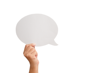 Close-up of hand holding a blank white speech bubble while standing against a transparent background