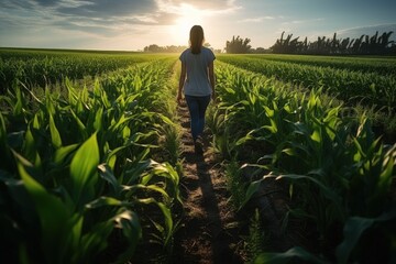 Agriculture. female farmer wearing rubber boots. Working along the sunshine near the green corn fields. AI generative - obrazy, fototapety, plakaty