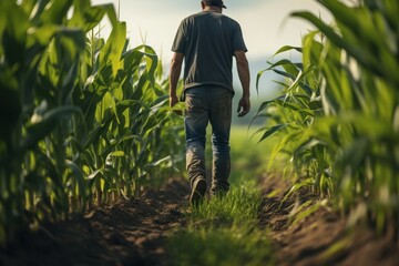 Agriculture. Male farmer wearing rubber boots. Working along the sunshine near the green corn fields. AI generative - obrazy, fototapety, plakaty