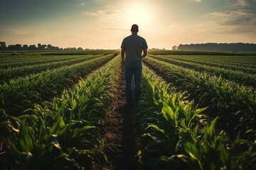 Agriculture. Male farmer wearing rubber boots. Working along the sunshine near the green corn fields. AI generative - obrazy, fototapety, plakaty