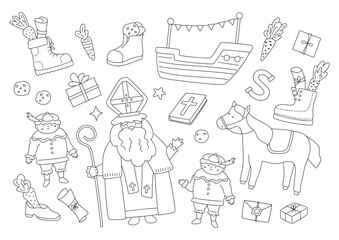 Sinterklaas coloring page with Saint Nicholas drawing, cute horse, little piet, ship, cookies and carrots in boots. Traditional elements in outline with white background. Vector kids illustration