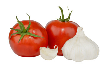 Tomatoes and garlic on white background