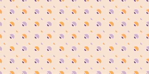 Geometric background with half circle shape. Simple seamless pattern with sparse aligned circular forms. Vector illustrations in vintage style. Beige, light purple and yellow colors.