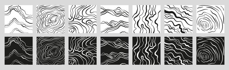 Linear patterns set. Wavy, natural  hand drawn geometric vector illustrations collection in black and white colors. Ink minimalistic graphics. Landscape simple art, abstract wood texture