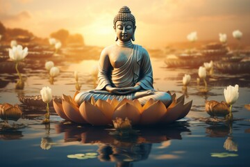 Buddha statue, sitting meditation on a royal lotus flower. AI generative