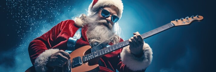 Festive Santa with a guitar in hand - obrazy, fototapety, plakaty
