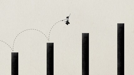 Stop motion. Animation. Business woman, office worker jumping over obstacles with motivation over beige background