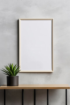 Blank vertical picture frame mockup hanging on a plain wall with wooden desk table and flower vase