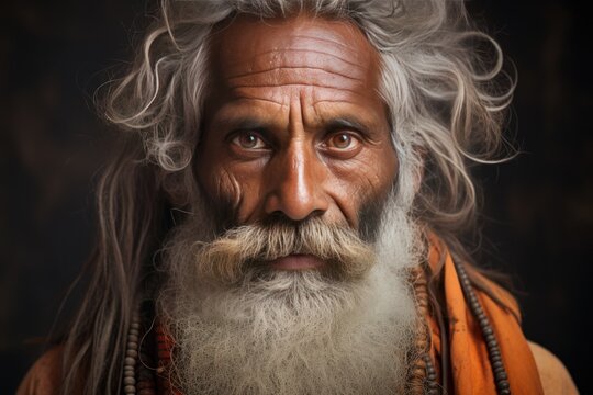 Portrait of sadhu Baba Nondo Somendrah, Varanasi, India. AI generative