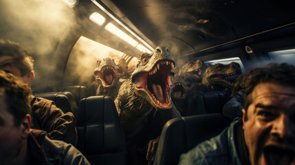 Dangerous dinosaurs attack in a train scary people. Horror concept.