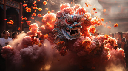 Chinese lion dance performance in the Forbidden City. - obrazy, fototapety, plakaty