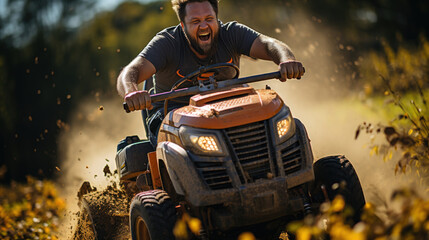 A man riding a quad bike on a dirt road in the countryside. - obrazy, fototapety, plakaty