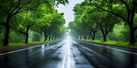 AI Generated. AI Generative. Outdoor nature landsacpe forest tree road highway path landscape background. Graphic Art - obrazy, fototapety, plakaty