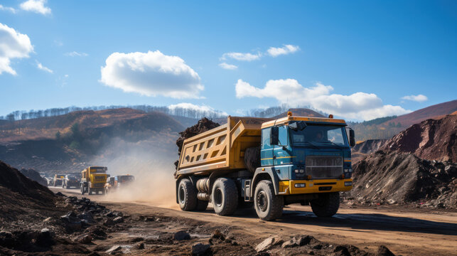 Dump truck in the open pit mining of iron ore and coal.