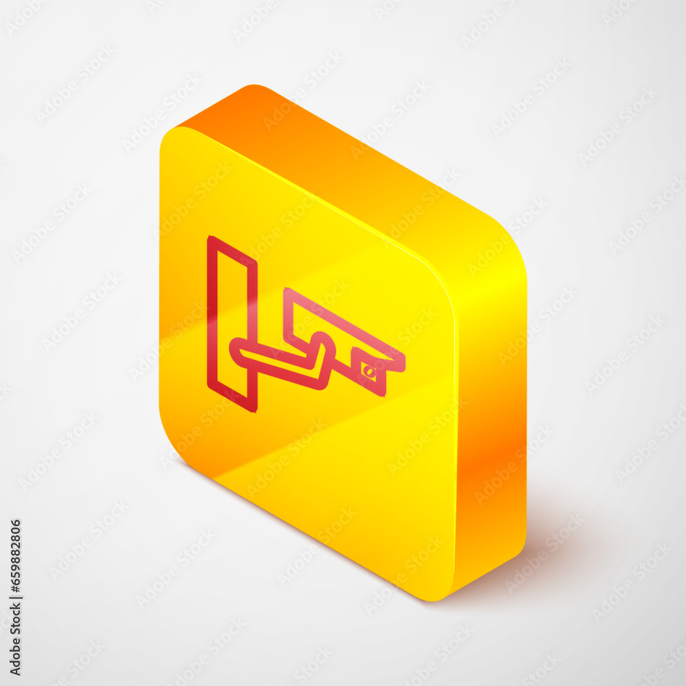 Poster isometric security camera icon isolated on green background. white circle button. vector