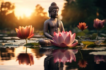 Buddha statue, sitting meditation on a royal lotus flower.