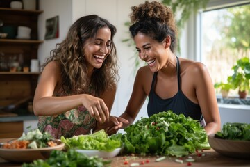 Two females of different ethnicities having fun while making salad together in the kitchen. AI generative