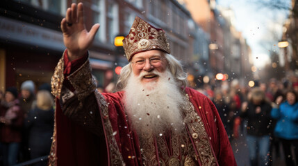 Sinterklaas say hello to participants at the annual Christmas fair. - obrazy, fototapety, plakaty