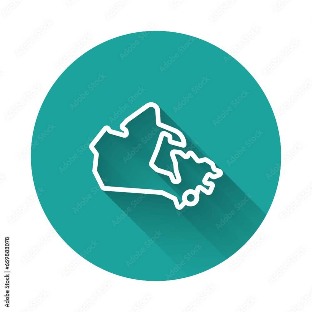 Poster white line canada map icon isolated with long shadow. green circle button. vector